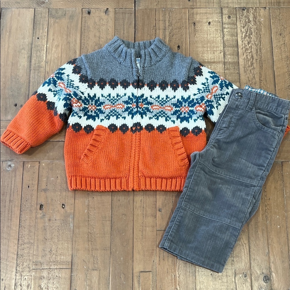 Janie and Jack fairisle knit cardigan sweater and pants set 12-18 months 2009